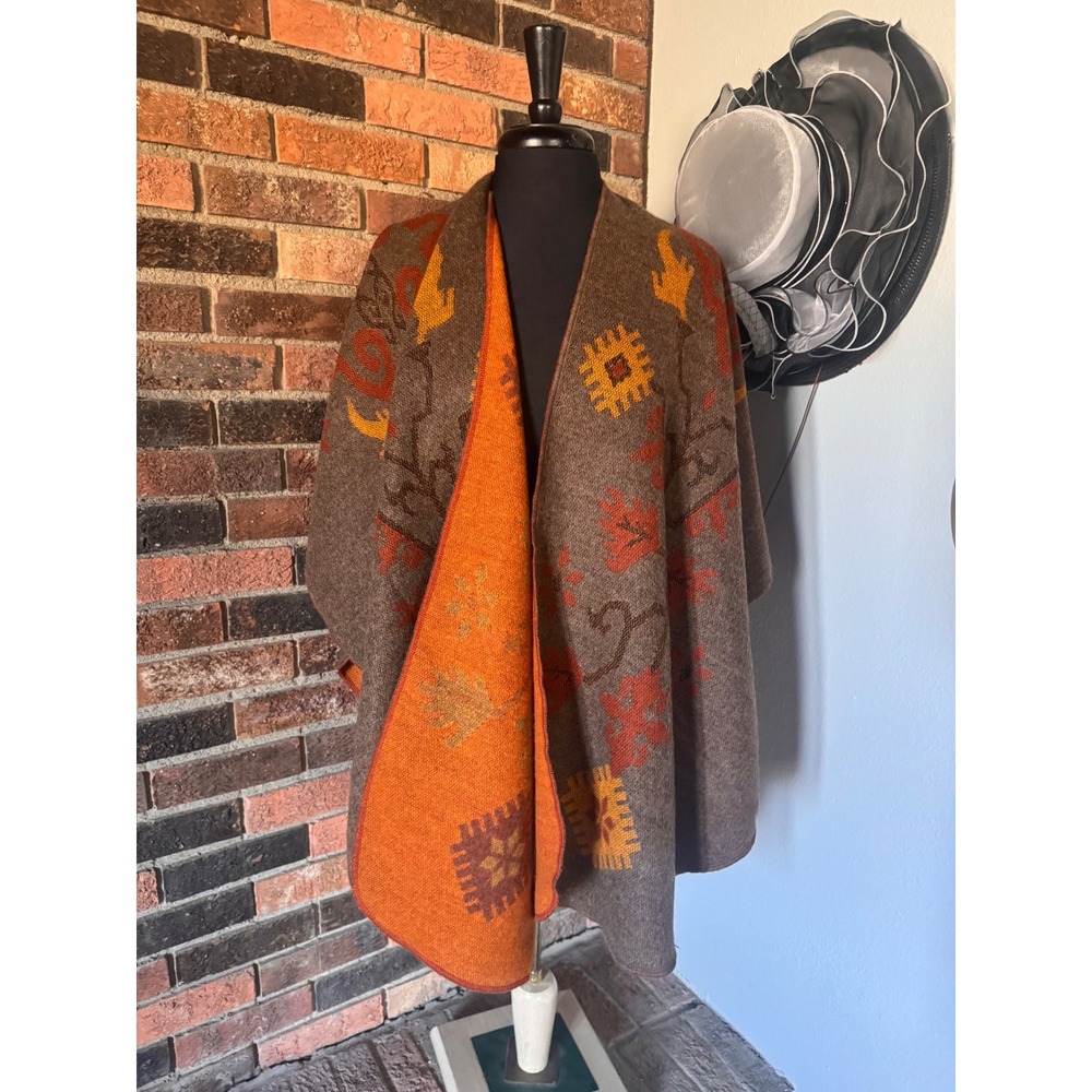 Vintage Made in France Reversible Boho Knit Poncho Wrap Brown Orange Damask